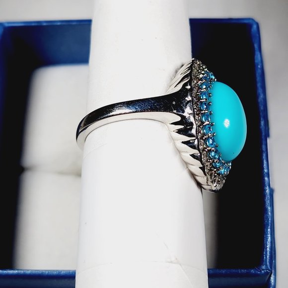 Sleeping Beauty Turquoise, Neon Apatite, White Zircon halo ring in Plat/925 sz 8 - Picture 5 of 6